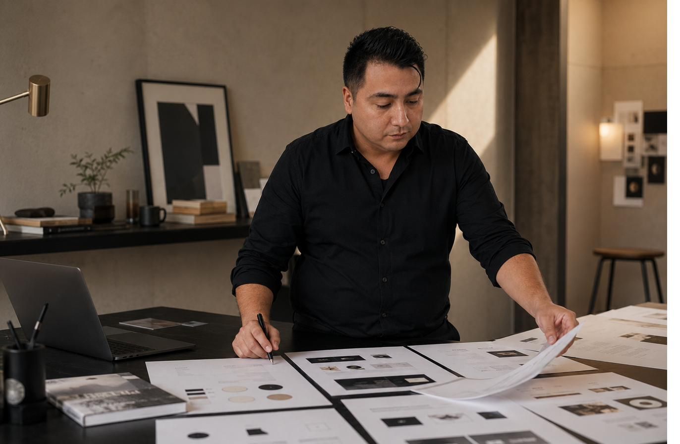 Gio Cortés revisando propuestas de diseño impresas sobre una mesa de trabajo